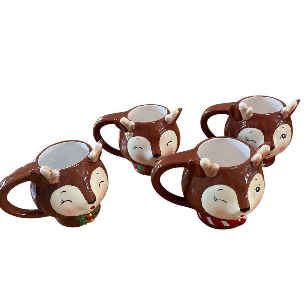 Dimensional Reindeer Ceramic Mug Earthware Cute 3-D Set of 4